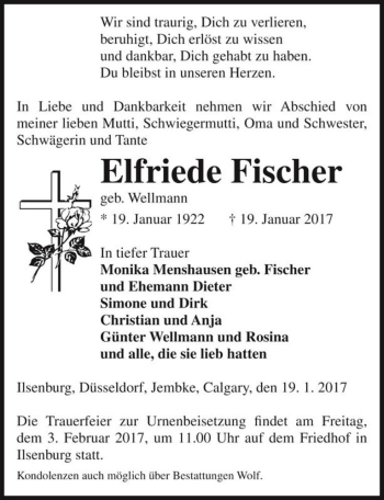 Traueranzeige von Elfriede Fischer (geb. Wellmann)  von Magdeburger Volksstimme