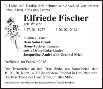 Traueranzeige von Elfriede Fischer (geb. Wesche)  von Magdeburger Volksstimme