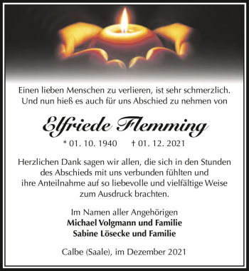 Traueranzeige von Elfriede Flemmning  von Magdeburger Volksstimme
