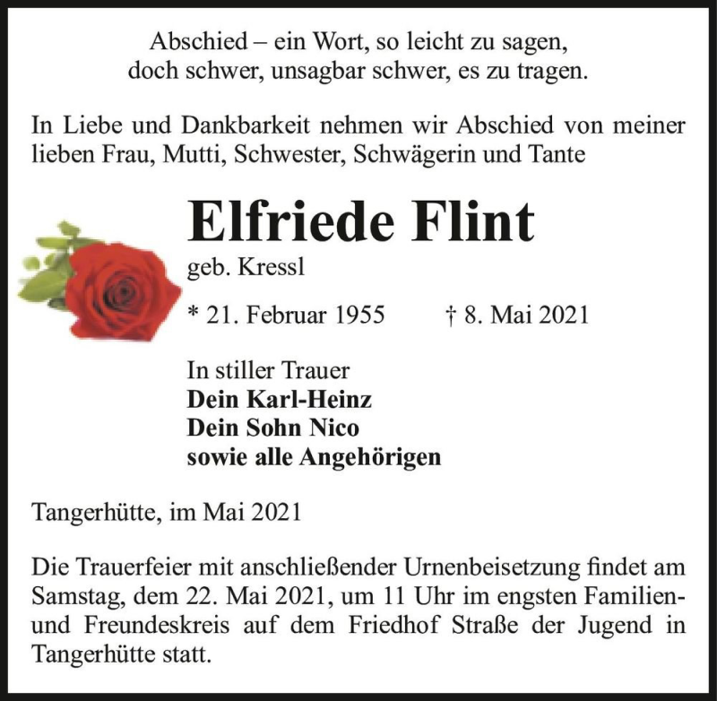  Traueranzeige für Elfriede Flint (geb. Kressl)  vom 15.05.2021 aus Magdeburger Volksstimme