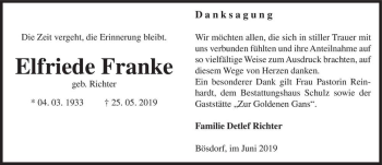 Traueranzeige von Elfriede Franke (geb. Richter)  von Magdeburger Volksstimme