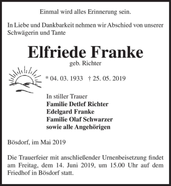 Traueranzeige von Elfriede Franke (geb. Richter)  von Magdeburger Volksstimme
