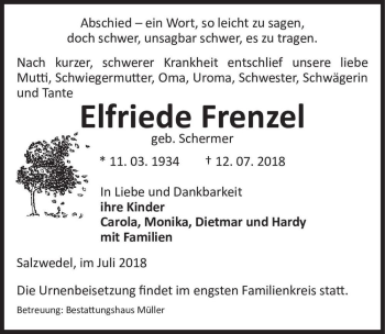 Traueranzeige von Elfriede Frenzel (geb. Schermer)  von Magdeburger Volksstimme