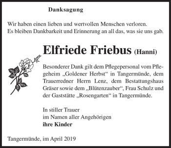 Traueranzeige von Elfriede Friebus (Hanni)  von Magdeburger Volksstimme