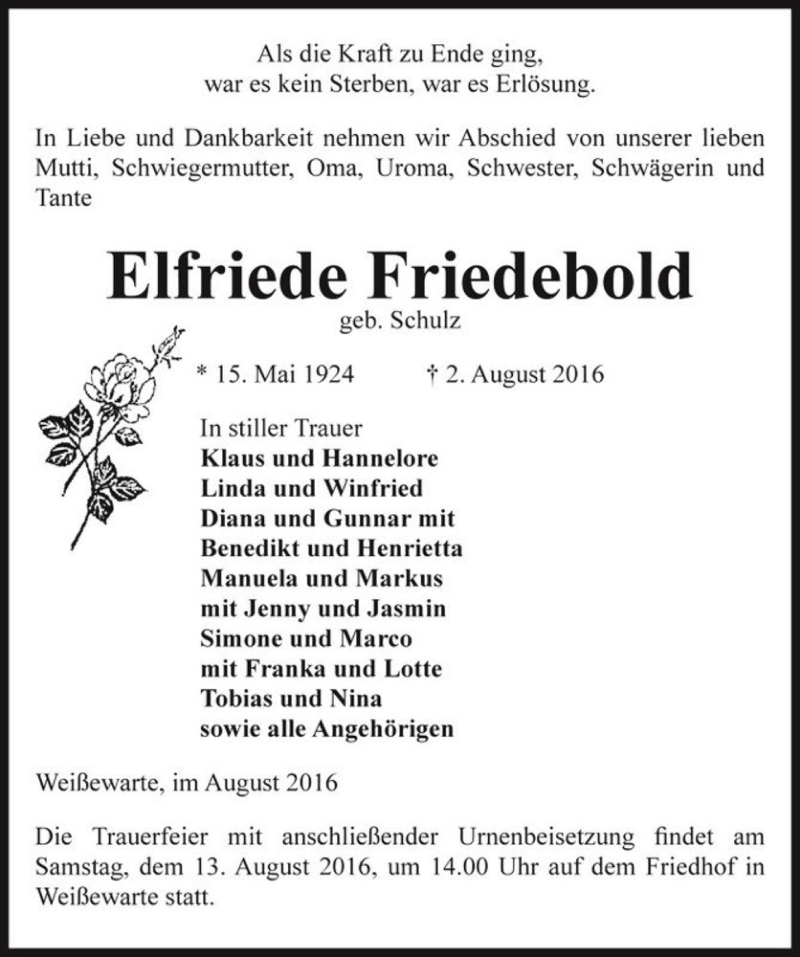  Traueranzeige für Elfriede Friedebold (geb. Bederitzky)  vom 06.08.2016 aus Magdeburger Volksstimme