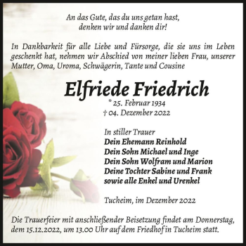 Traueranzeige von Elfriede Friedrich  von Magdeburger Volksstimme
