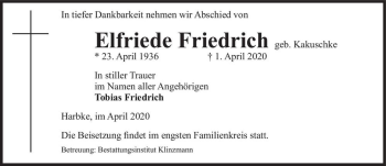 Traueranzeige von Elfriede Friedrich (geb. Kakuschke)  von Magdeburger Volksstimme