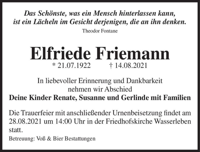  Traueranzeige für Elfriede Friemann  vom 21.08.2021 aus Magdeburger Volksstimme
