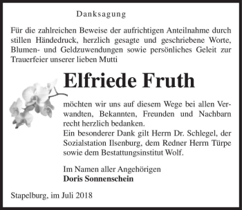 Traueranzeige von Elfriede Fruth  von Magdeburger Volksstimme
