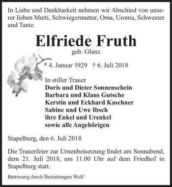 Traueranzeige von Elfriede Fruth (geb. Glanz)  von Magdeburger Volksstimme