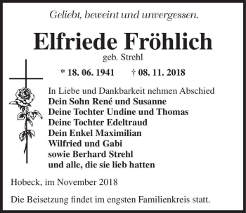 Traueranzeige von Elfriede Fröhlich (geb. Strehl)  von Magdeburger Volksstimme