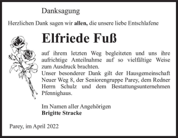 Traueranzeige von Elfriede Fuß  von Magdeburger Volksstimme