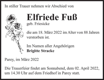 Traueranzeige von Elfriede Fuß (geb. Friesicke)  von Magdeburger Volksstimme