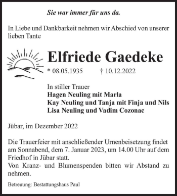 Traueranzeige von Elfriede Gaedeke  von Magdeburger Volksstimme