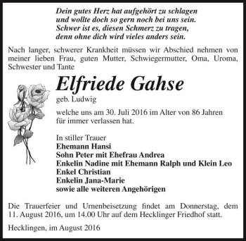 Traueranzeige von Elfriede Gahse (geb. Ludwig)  von Magdeburger Volksstimme