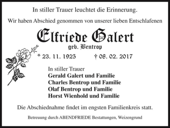 Traueranzeige von Elfriede Galert (geb. Bentrop)  von Magdeburger Volksstimme