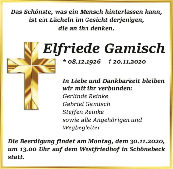 Traueranzeige von Elfriede Gamisch  von Magdeburger Volksstimme