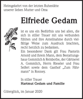 Traueranzeige von Elfriede Gedam  von Magdeburger Volksstimme