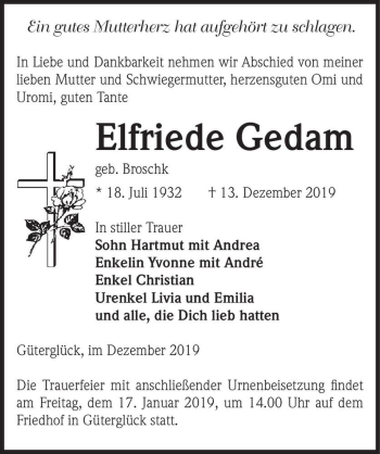 Traueranzeige von Elfriede Gedam (geb. Broschk)  von Magdeburger Volksstimme