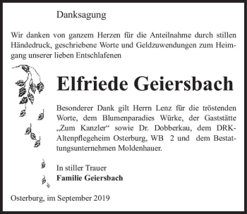 Traueranzeige von Elfriede Geiersbach  von Magdeburger Volksstimme