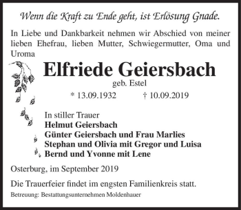 Traueranzeige von Elfriede Geiersbach (geb. Estel)  von Magdeburger Volksstimme