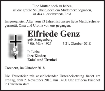 Traueranzeige von Elfriede Genz (geb. Stangenberg)  von Magdeburger Volksstimme