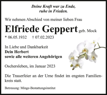 Traueranzeige von Elfriede Geppert (geb. Mock)  von Magdeburger Volksstimme