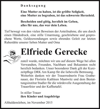 Traueranzeige von Elfriede Gerecke  von Magdeburger Volksstimme
