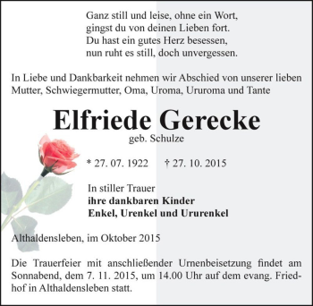 Traueranzeige von Elfriede Gerecke (geb. Schulze)  von Magdeburger Volksstimme