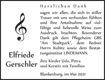 Traueranzeige von Elfriede Gerschler  von Magdeburger Volksstimme