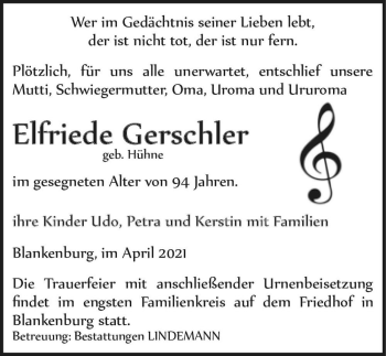 Traueranzeige von Elfriede Gerschler (geb. Hühne)  von Magdeburger Volksstimme