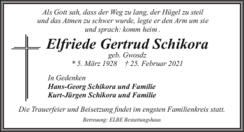 Traueranzeige von Elfriede Gertrud Schikora (geb. Gwosdz)  von Magdeburger Volksstimme