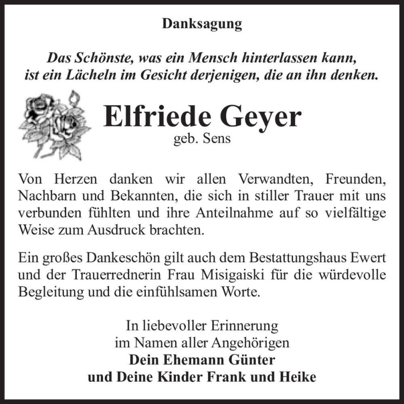  Traueranzeige für Elfriede Geyer (geb. Sens)  vom 10.12.2022 aus Magdeburger Volksstimme