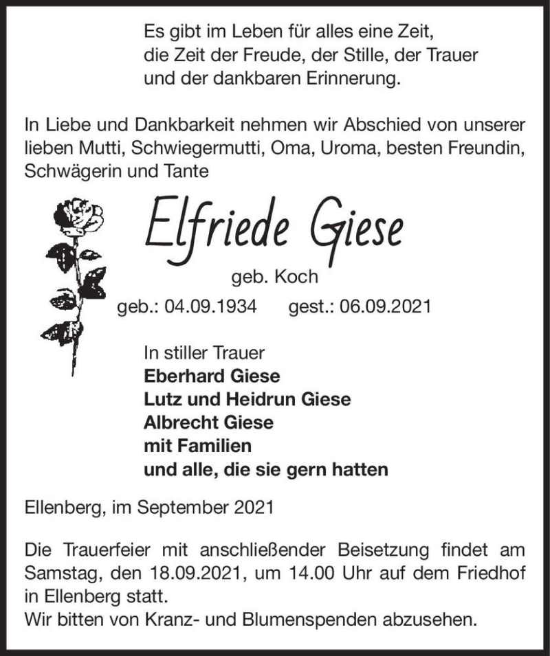  Traueranzeige für Elfriede Giese (geb. Koch)  vom 11.09.2021 aus Magdeburger Volksstimme