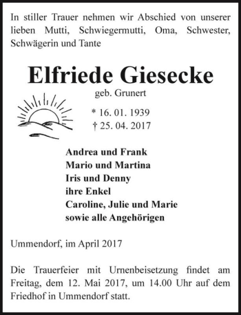 Traueranzeige von Elfriede Giesecke (geb. Grunert)  von Magdeburger Volksstimme