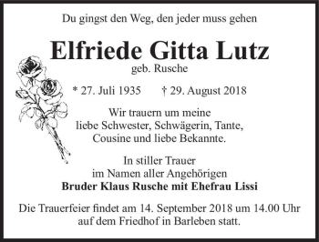 Traueranzeige von Elfriede Gitta Lutz (geb. Rusche)  von Magdeburger Volksstimme