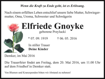 Traueranzeige von Elfriede Gnoyke (geb. Przylucki)  von Magdeburger Volksstimme