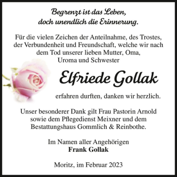 Traueranzeige von Elfriede Gollak  von Magdeburger Volksstimme