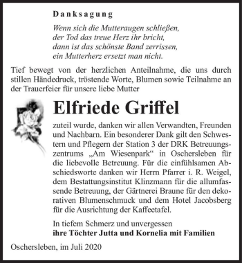 Traueranzeige von Elfriede Griffel  von Magdeburger Volksstimme
