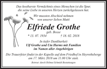 Traueranzeige von Elfriede Grothe (geb. Bosse)  von Magdeburger Volksstimme
