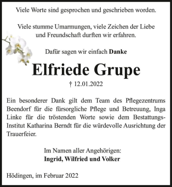 Traueranzeige von Elfriede Grupe  von Magdeburger Volksstimme