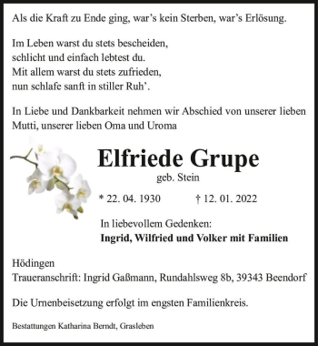 Traueranzeige von Elfriede Grupe (geb. Stein)  von Magdeburger Volksstimme