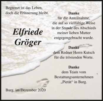 Traueranzeige von Elfriede Gröger  von Magdeburger Volksstimme