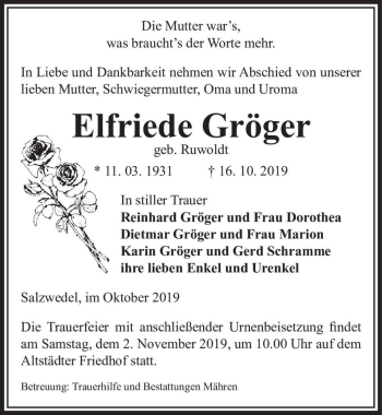 Traueranzeige von Elfriede Gröger (geb. Ruwoldt)  von Magdeburger Volksstimme