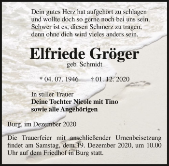 Traueranzeige von Elfriede Gröger (geb. Schmidt)  von Magdeburger Volksstimme