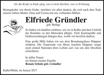 Traueranzeige von Elfriede Gründler (geb. Bethge)  von Magdeburger Volksstimme