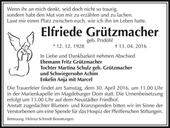 Traueranzeige von Elfriede Grützmacher (geb. Pridöhl)  von Magdeburger Volksstimme
