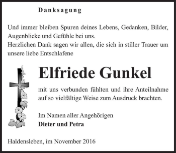 Traueranzeige von Elfriede Gunkel  von Magdeburger Volksstimme