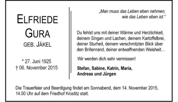 Traueranzeige von Elfriede Gura (geb. Jäkel)  von Magdeburger Volksstimme