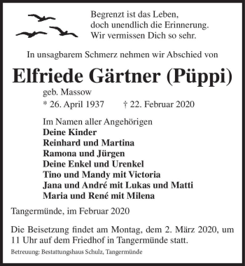 Traueranzeige von Elfriede Gärtner (geb. Massow) 